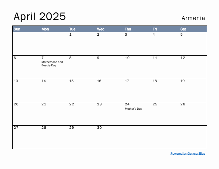 April 2025 Simple Monthly Calendar for Armenia