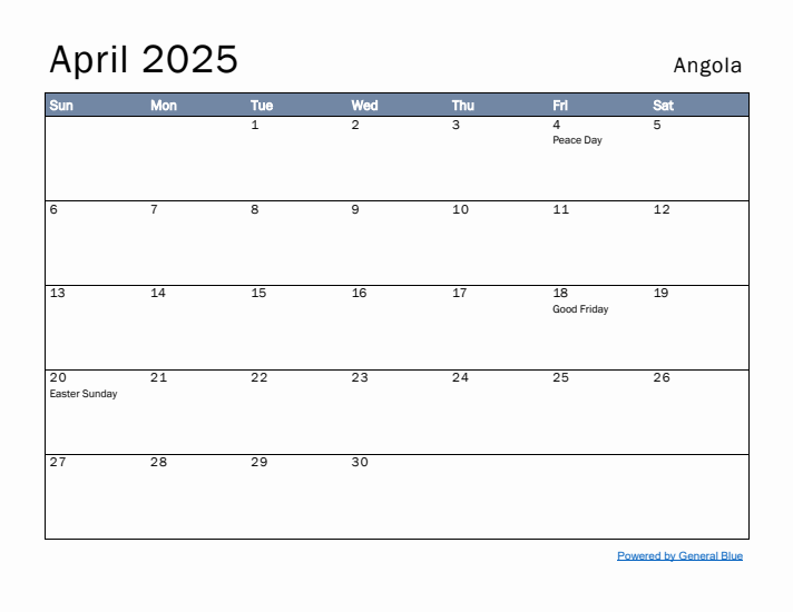 April 2025 Simple Monthly Calendar for Angola