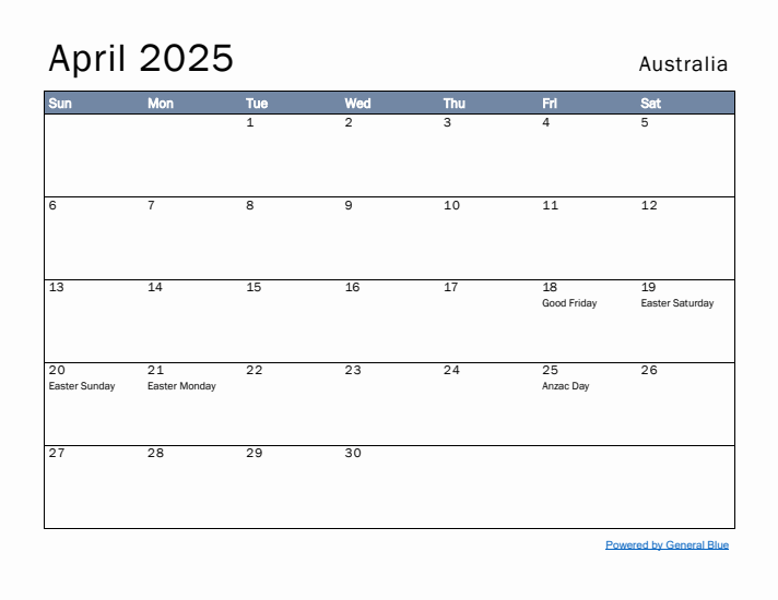 April 2025 Simple Monthly Calendar for Australia