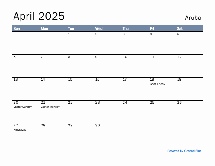 April 2025 Simple Monthly Calendar for Aruba