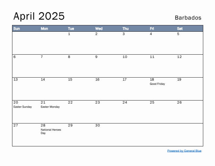 April 2025 Simple Monthly Calendar for Barbados