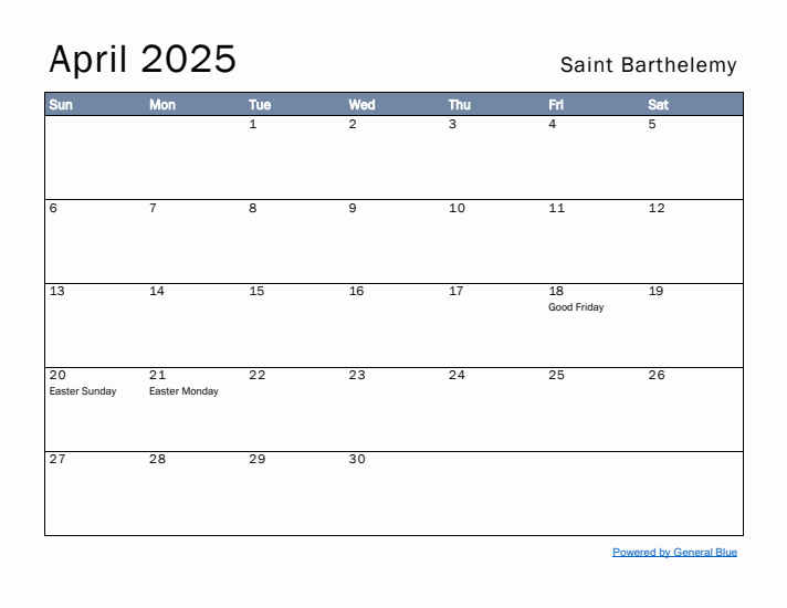 April 2025 Simple Monthly Calendar for Saint Barthelemy