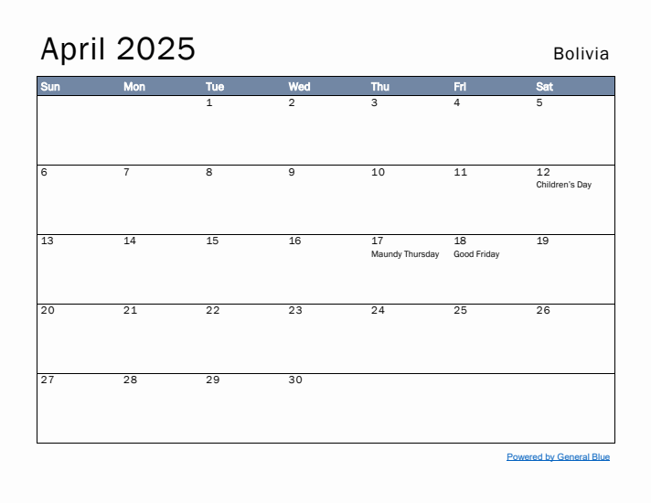 April 2025 Simple Monthly Calendar for Bolivia