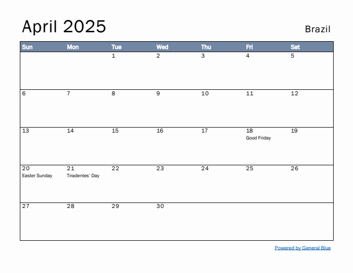 April 2025 Simple Monthly Calendar for Brazil