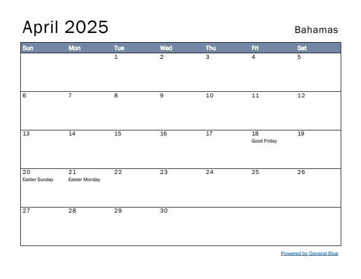 April 2025 Simple Monthly Calendar for Bahamas