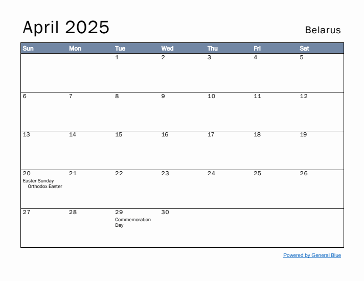 April 2025 Simple Monthly Calendar for Belarus