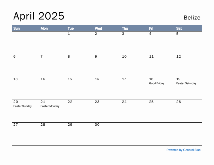 April 2025 Simple Monthly Calendar for Belize