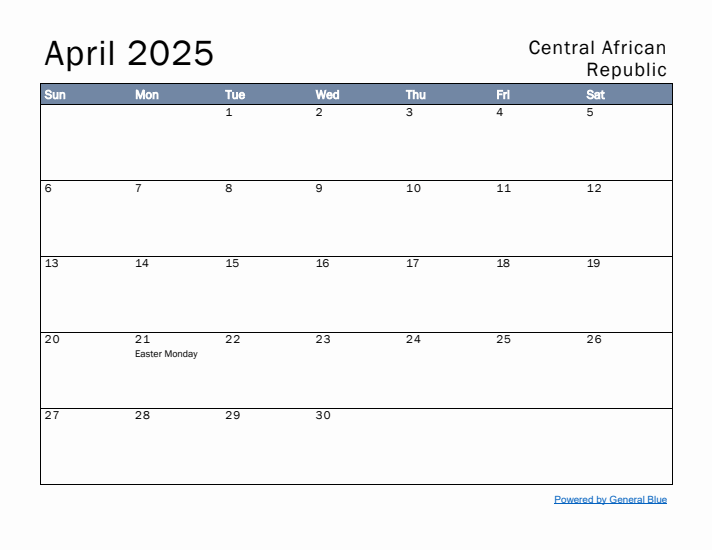 April 2025 Simple Monthly Calendar for Central African Republic