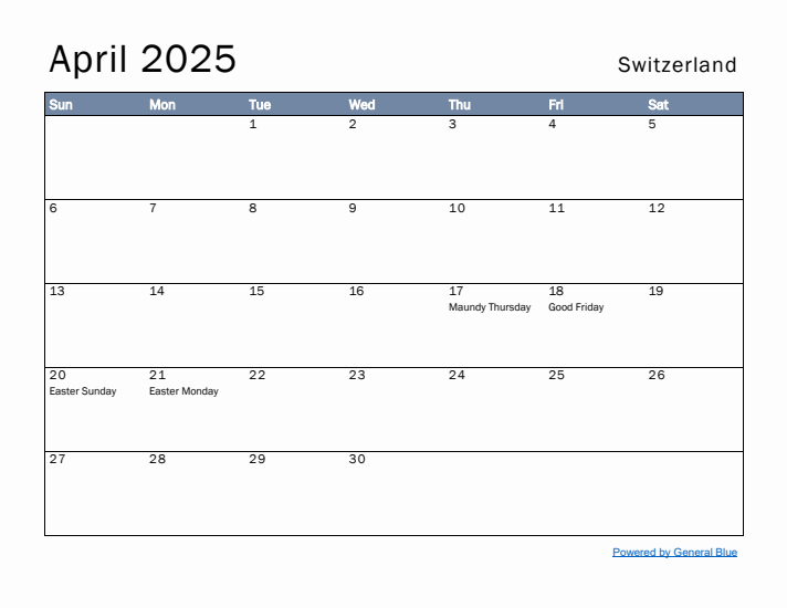 April 2025 Simple Monthly Calendar for Switzerland