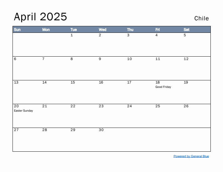 April 2025 Simple Monthly Calendar for Chile