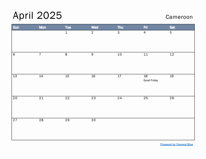 April 2025 Simple Monthly Calendar for Cameroon