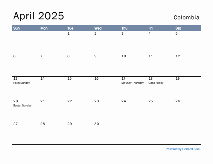 April 2025 Simple Monthly Calendar for Colombia