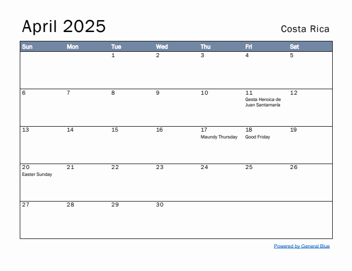 April 2025 Simple Monthly Calendar for Costa Rica