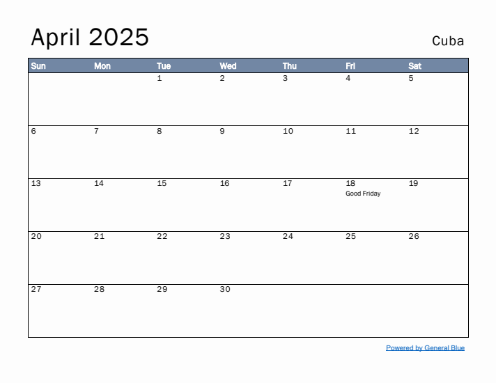 April 2025 Simple Monthly Calendar for Cuba