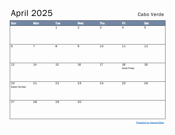 April 2025 Simple Monthly Calendar for Cabo Verde