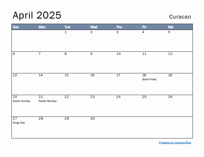 April 2025 Simple Monthly Calendar for Curacao