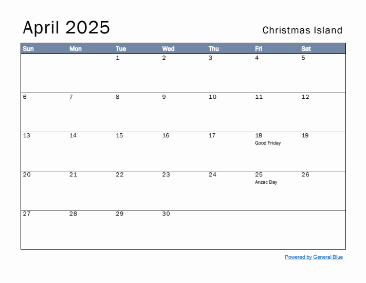 April 2025 Simple Monthly Calendar for Christmas Island