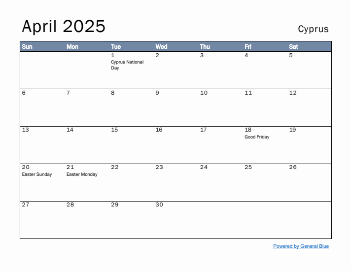 April 2025 Simple Monthly Calendar for Cyprus