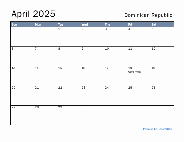 April 2025 Simple Monthly Calendar for Dominican Republic