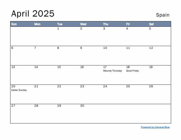 April 2025 Simple Monthly Calendar for Spain