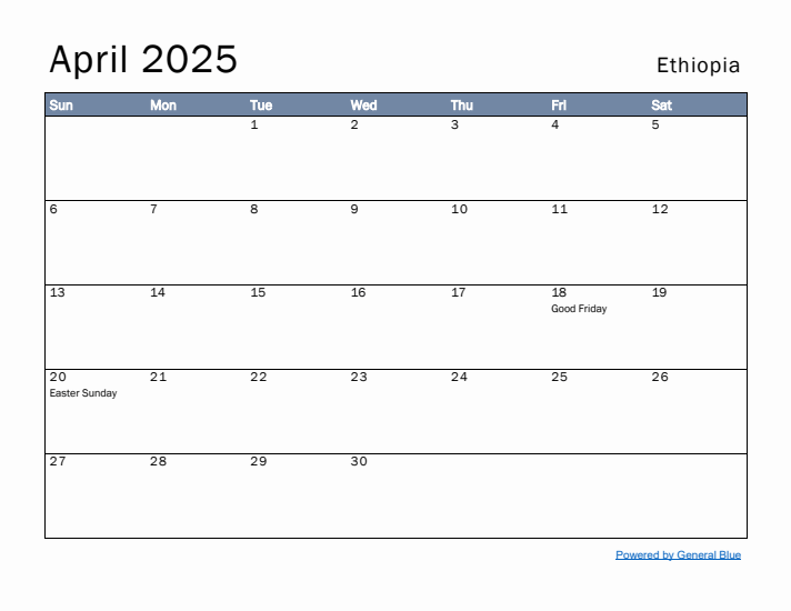 April 2025 Simple Monthly Calendar for Ethiopia