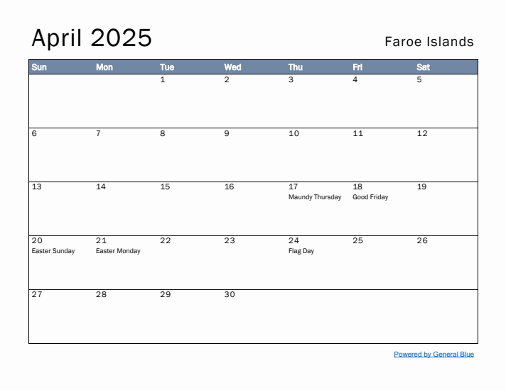 April 2025 Simple Monthly Calendar for Faroe Islands