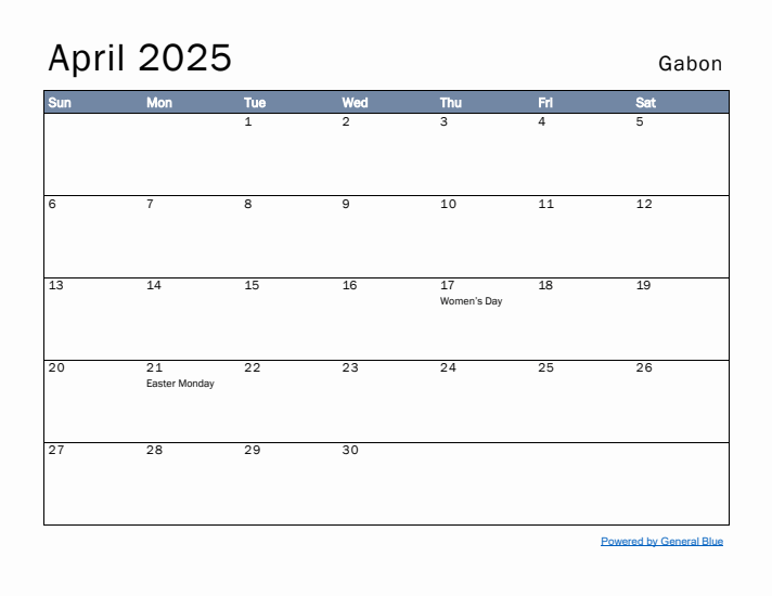 April 2025 Simple Monthly Calendar for Gabon