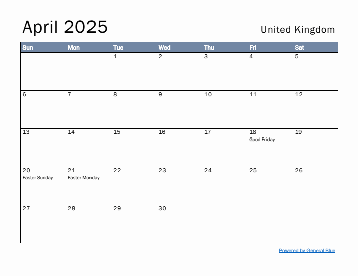 April 2025 Simple Monthly Calendar for United Kingdom