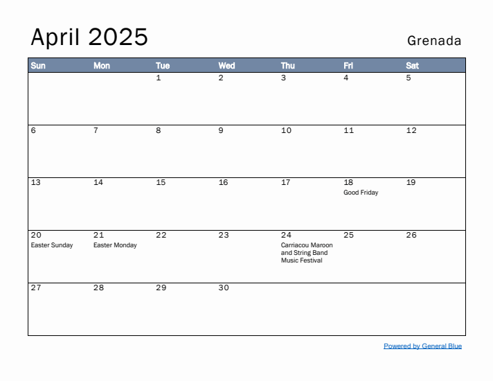 April 2025 Simple Monthly Calendar for Grenada