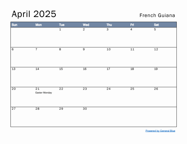 April 2025 Simple Monthly Calendar for French Guiana