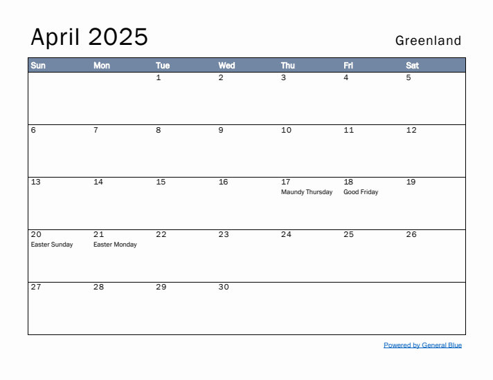 April 2025 Simple Monthly Calendar for Greenland