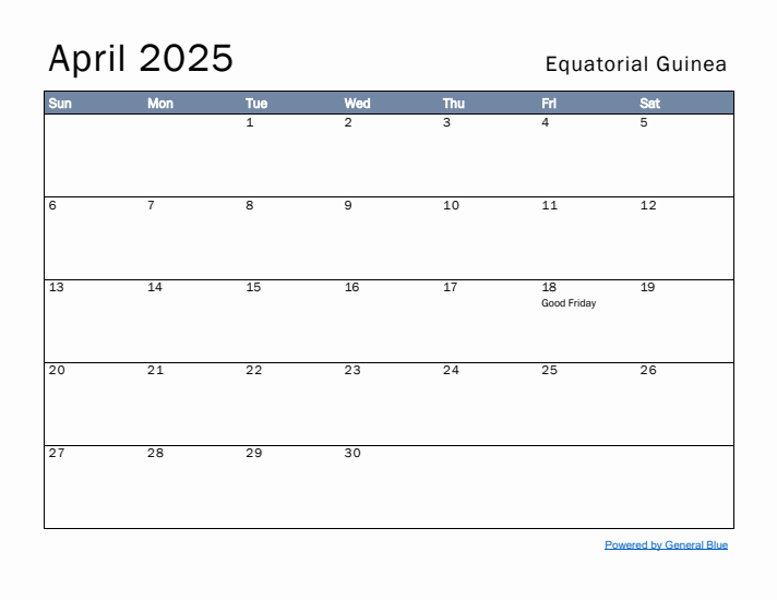 April 2025 Simple Monthly Calendar for Equatorial Guinea