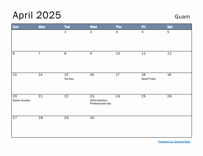 April 2025 Simple Monthly Calendar for Guam