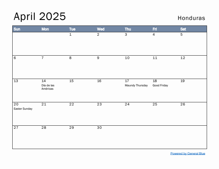 April 2025 Simple Monthly Calendar for Honduras