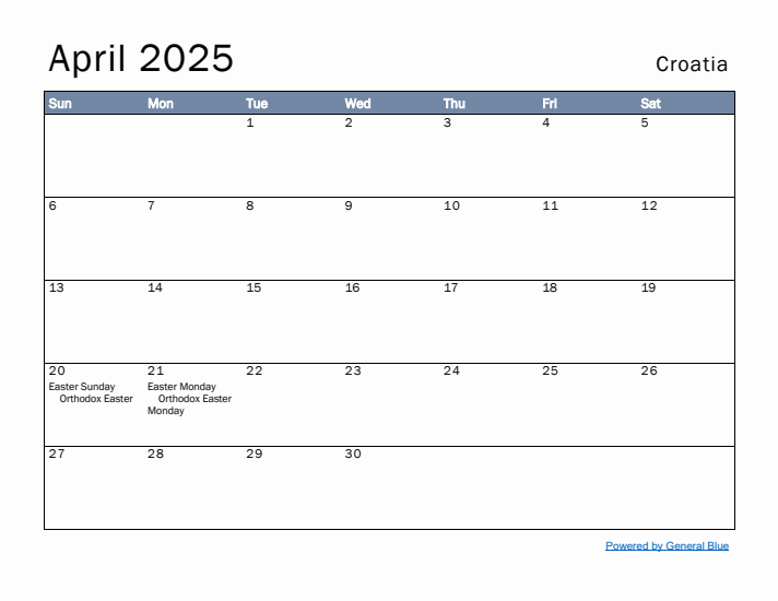 April 2025 Simple Monthly Calendar for Croatia