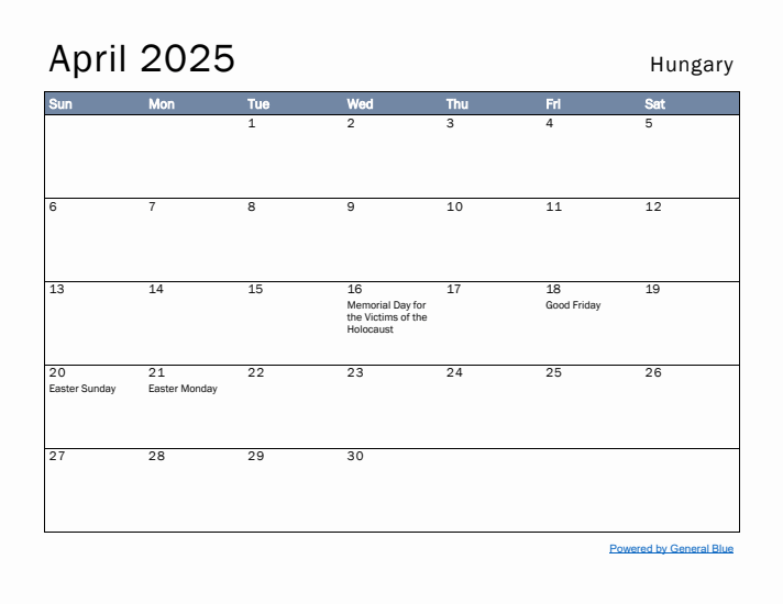 April 2025 Simple Monthly Calendar for Hungary