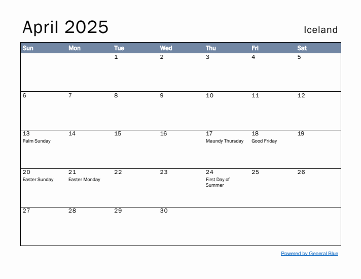 April 2025 Simple Monthly Calendar for Iceland