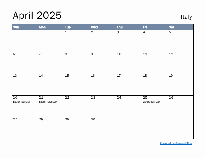 April 2025 Simple Monthly Calendar for Italy