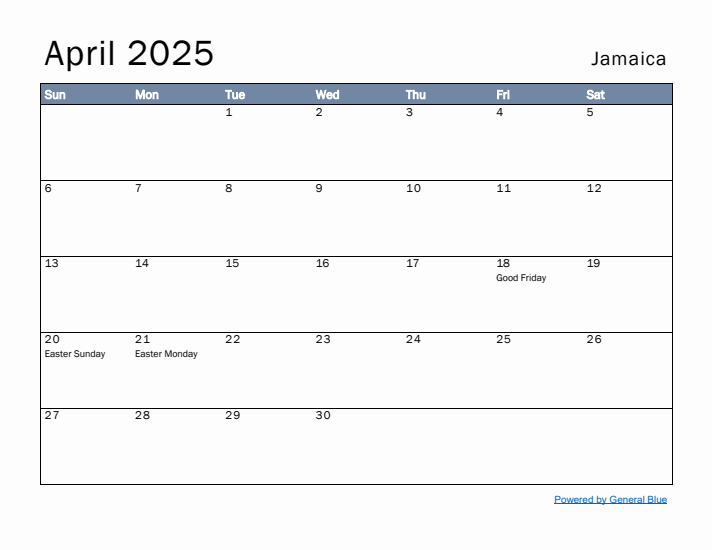 April 2025 Simple Monthly Calendar for Jamaica