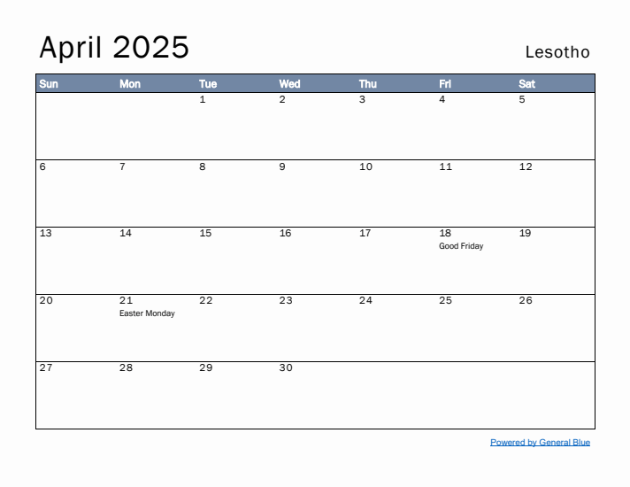 April 2025 Simple Monthly Calendar for Lesotho