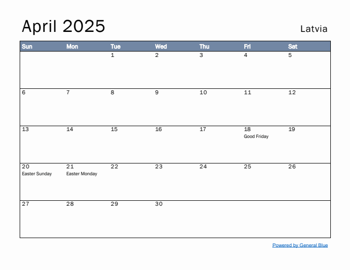 April 2025 Simple Monthly Calendar for Latvia