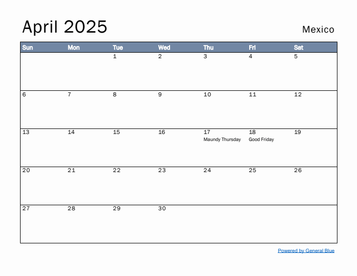 April 2025 Simple Monthly Calendar for Mexico