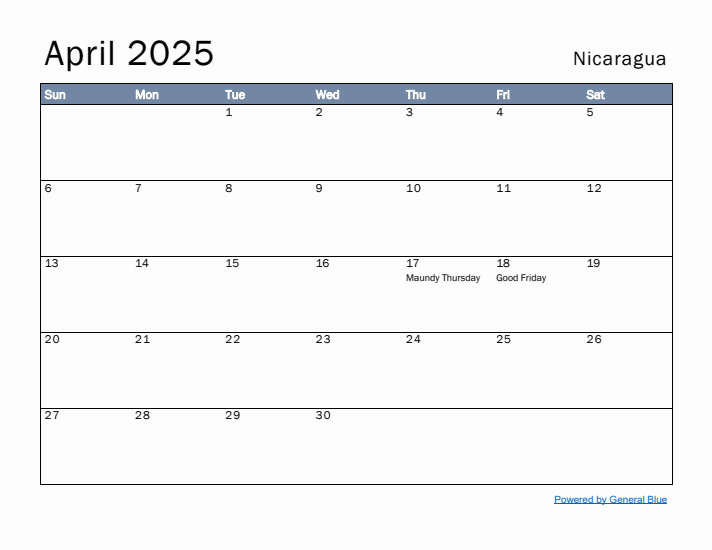 April 2025 Simple Monthly Calendar for Nicaragua