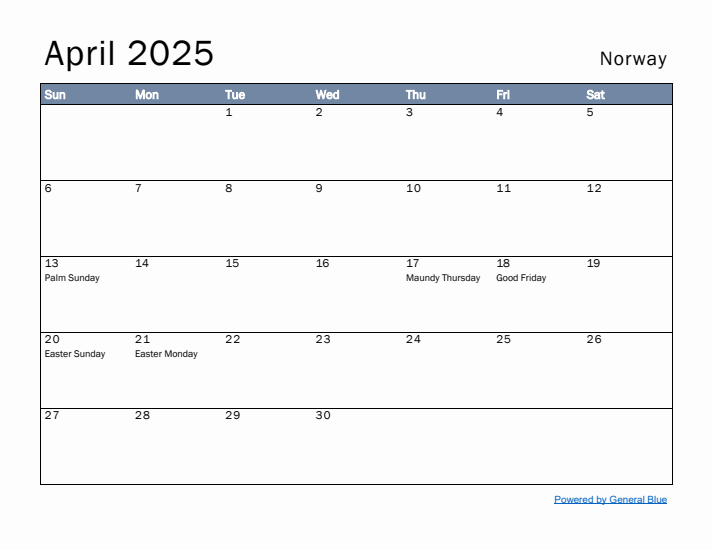 April 2025 Simple Monthly Calendar for Norway