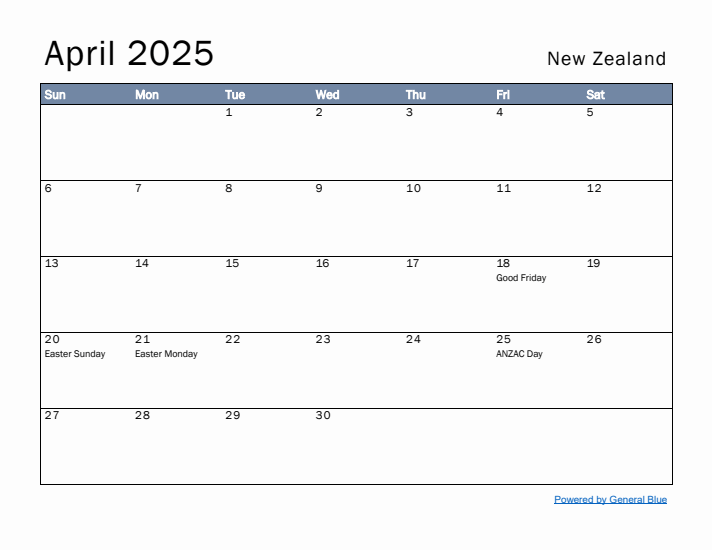 April 2025 Simple Monthly Calendar for New Zealand