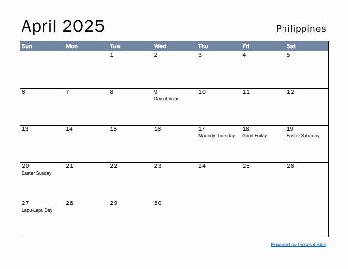 April 2025 Simple Monthly Calendar for Philippines