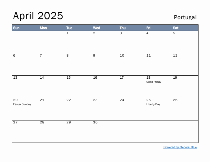 April 2025 Simple Monthly Calendar for Portugal