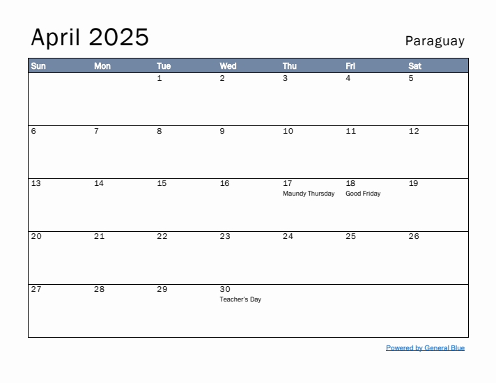 April 2025 Simple Monthly Calendar for Paraguay