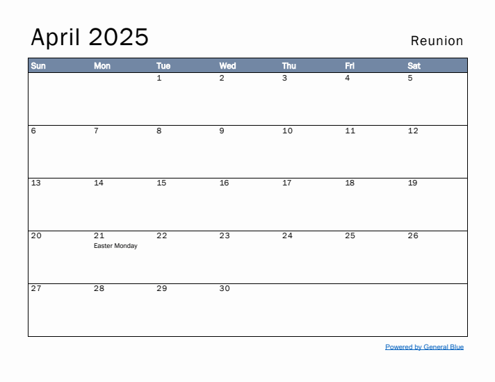 April 2025 Simple Monthly Calendar for Reunion