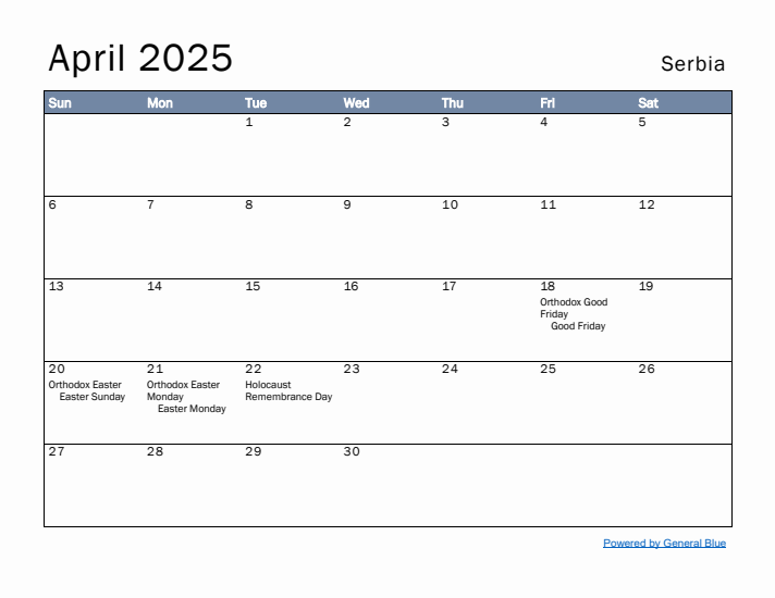 April 2025 Simple Monthly Calendar for Serbia